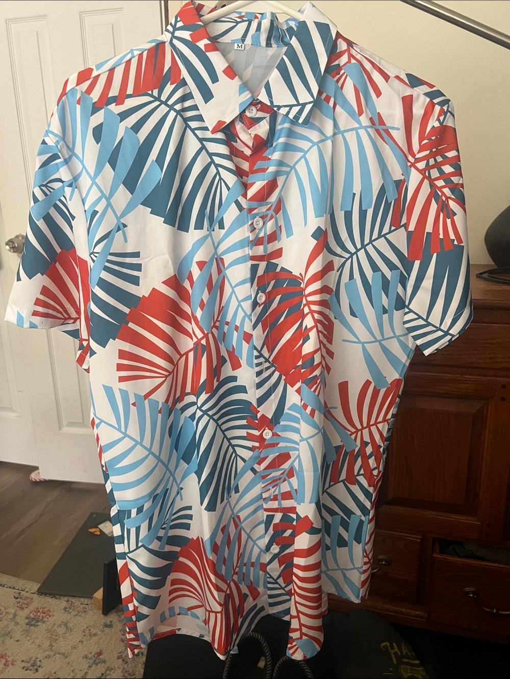 SHEIN Tropical Leaf Print Short-Sleeve Shirt - Red & Blue